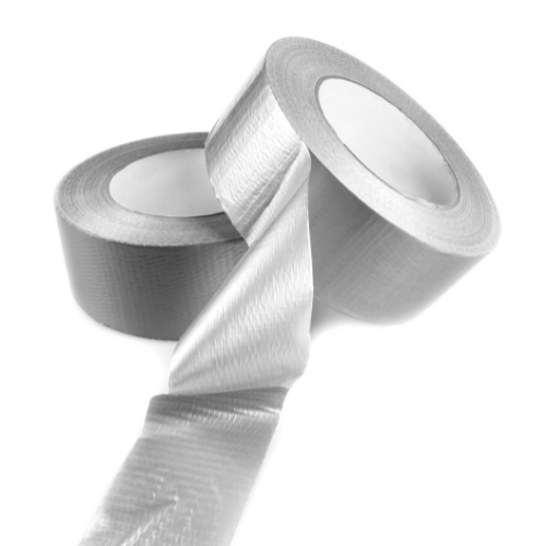 Two rolls of silver duct tape. One roll is resting on top of the other. The roll of duct tape on top is unraveling.